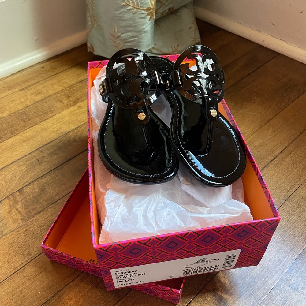 New in Box Tory Burch Miller Sandals in Black/Patent Calf; size 6